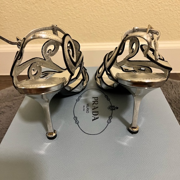 Prada silver designed sandals with fierce heel. - Picture 3 of 5